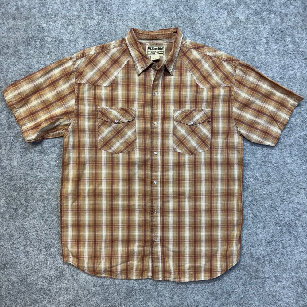 U.S. Expedition Western Shirt Mens Large Brown Plaid Pearl Snap Short Sleeve